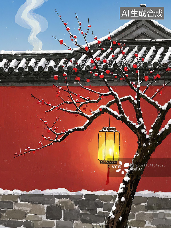 【AI数字艺术】雪中的红色城墙，灯笼红梅炊烟图片素材