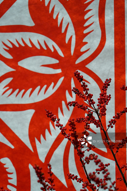 红色剪纸背景下冬青果图片素材