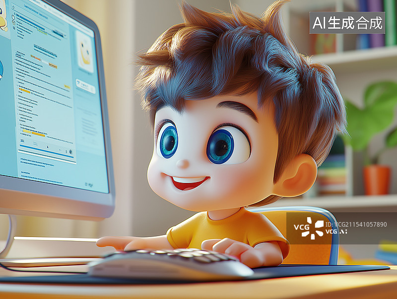 【AI数字艺术】一个小男孩正在使用电脑图片素材