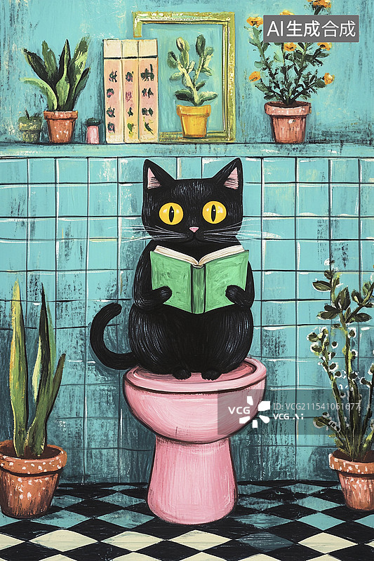 【AI数字艺术】勤奋学习的猫猫在马桶上读书图片素材