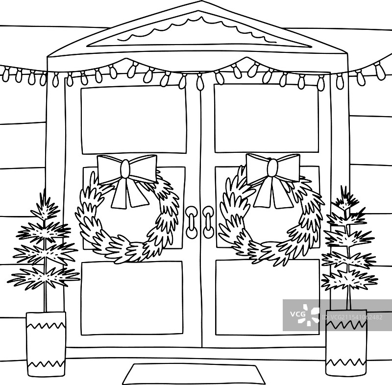 带有前门和圣诞装饰的涂色页图片素材
