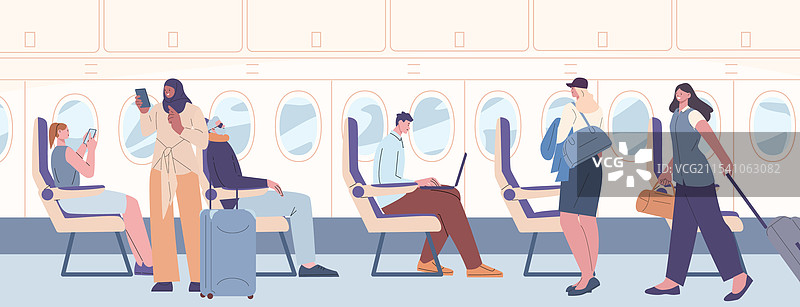 乘客登机，旅行者在飞机上图片素材
