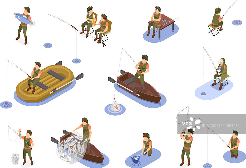 等距渔民，手持钓竿和渔网的渔夫图片素材
