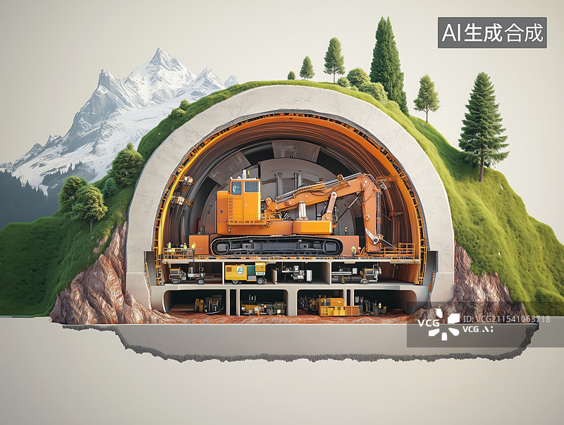 【AI数字艺术】山区隧道挖掘建设场景插画图片素材