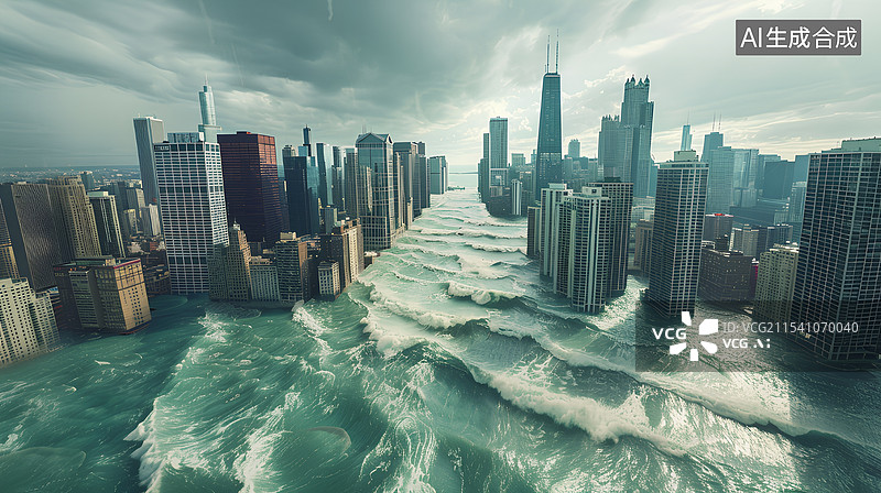 【AI数字艺术】海啸洪水淹没城市街道和建筑物的照片图片素材