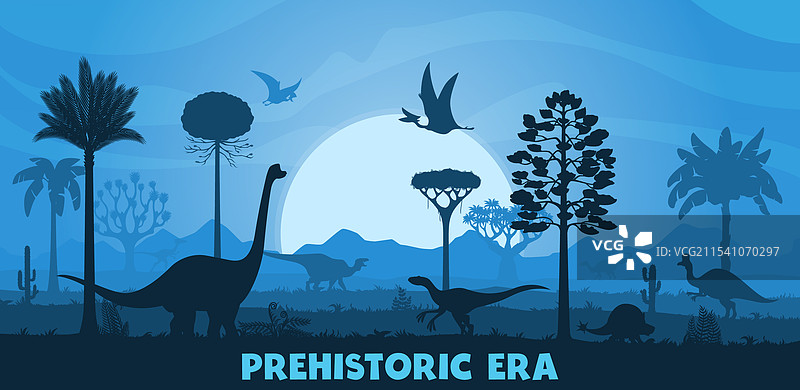 史前时代的日落与恐龙剪影图片素材