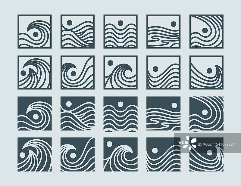 日落海洋沙滩波浪方形标志设计集图片素材