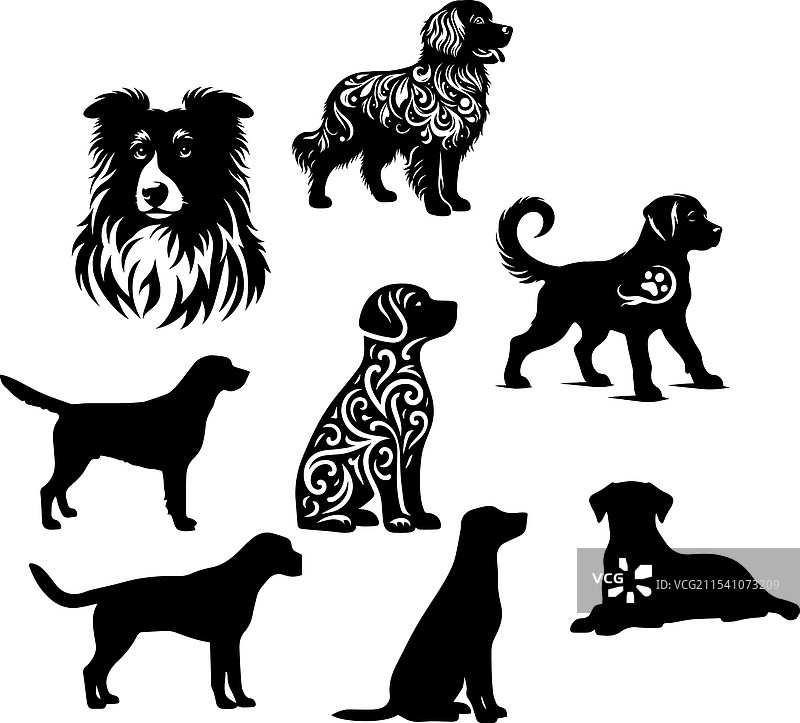 一组狗的剪影图标，包括狗和小狗图片素材