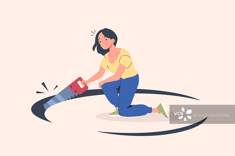 自我破坏的女人用锯子在地板上锯洞图片素材