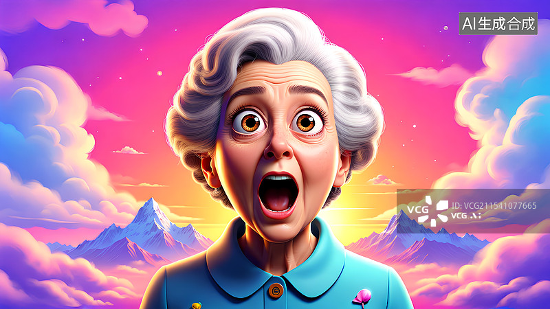 【AI数字艺术】人物主题插画 张大嘴 惊恐的好奇的老奶奶图片素材