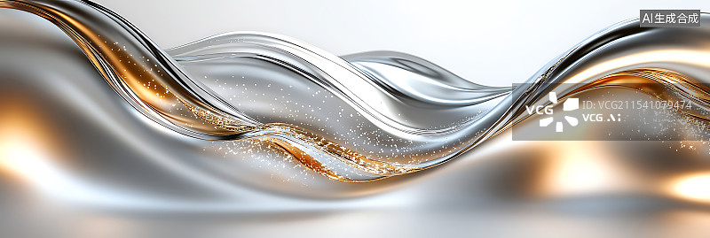 【AI数字艺术】优雅的3D渲染液态金银波浪，光滑的金属质感，极简设计，带有微妙反光的干净白色背景图片素材