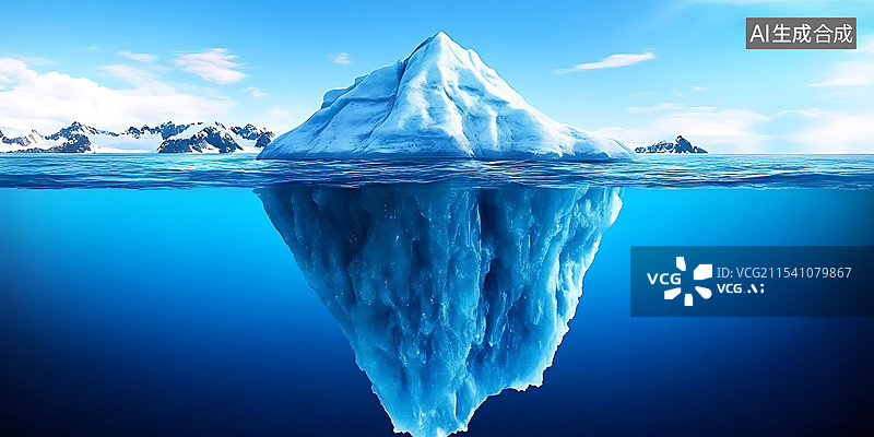 【AI数字艺术】宏伟冰山漂浮在宁静的海面下，蓝天映衬，展现令人惊叹的细节和完美的构图，高清摄影佳作。图片素材
