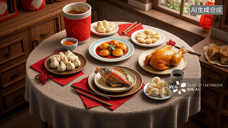 【AI数字艺术】春节年夜饭红色大气春节氛围图，年夜饭，除夕，团圆饭图片素材