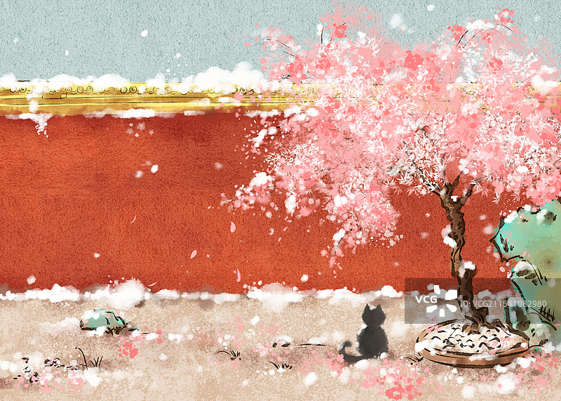 水墨风二十四节气之宫墙和猫-大雪横版图片素材
