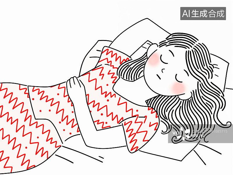 【AI数字艺术】简笔画插画中，女孩躺平酣睡，画面萌系童趣，笔触柔和，营造出静谧休闲氛围，似入甜美梦境。图片素材