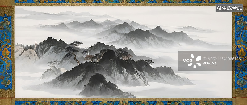 【AI数字艺术】卷轴上的山水画图片素材
