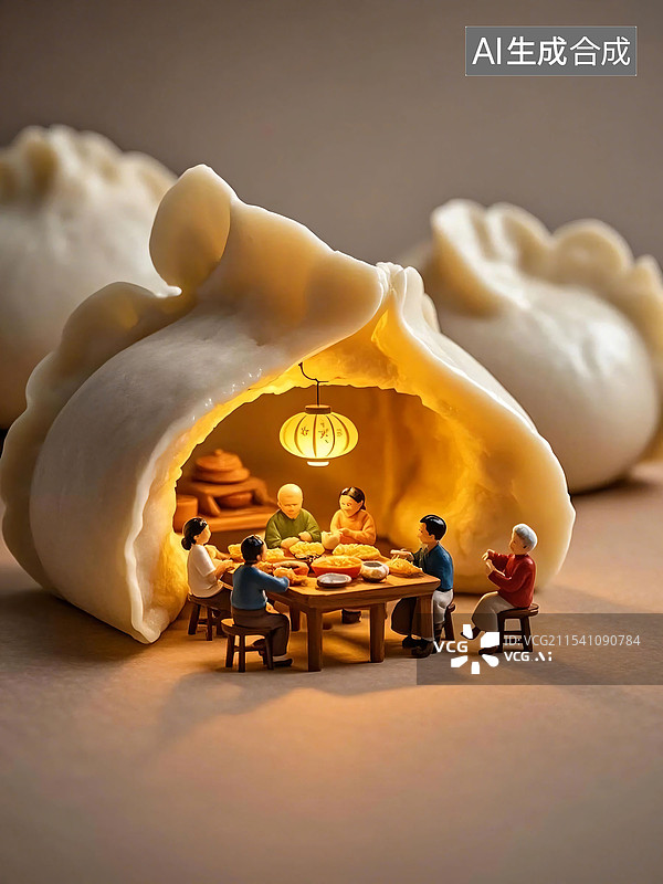 【AI数字艺术】春节饺子和年夜饭创意合成微缩摄影风格图片图片素材