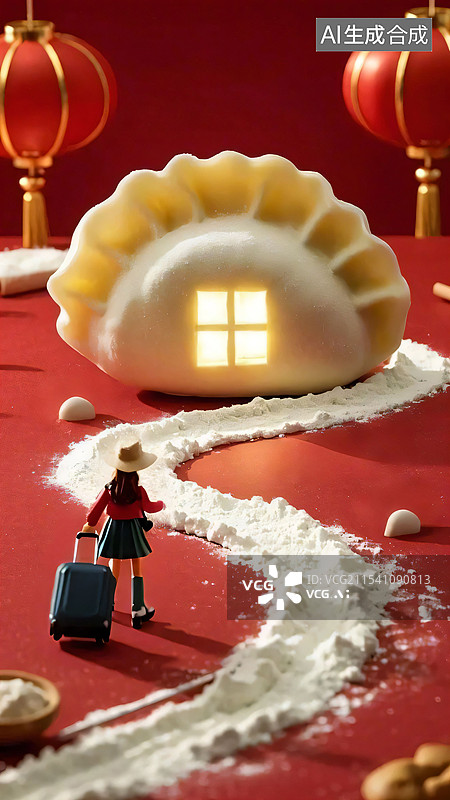 【AI数字艺术】春节饺子和回家的路创意合成微缩摄影风格图片图片素材