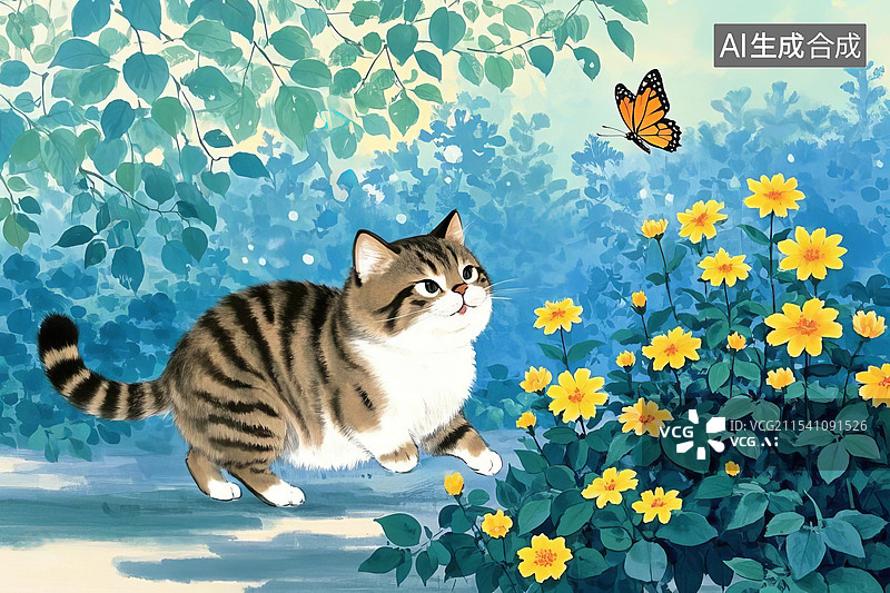 【AI数字艺术】工笔画，一只胖乎乎的狸猫，正在扑蝶，Q萌图片素材