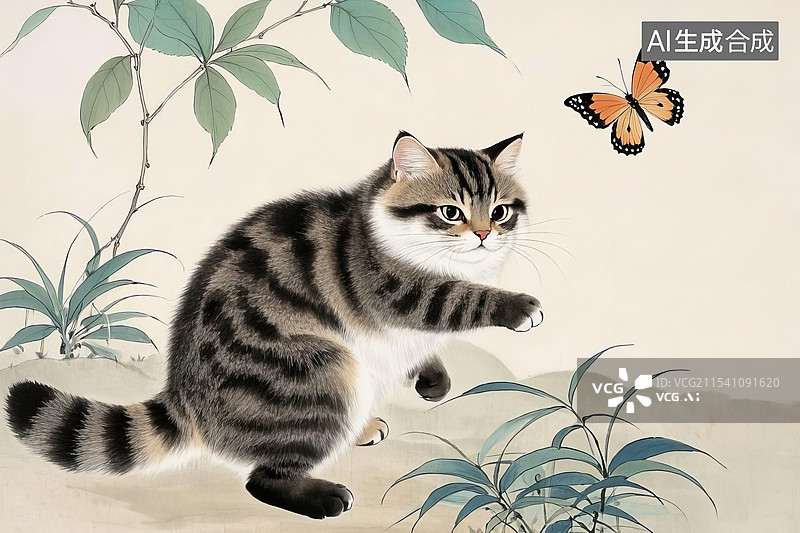 【AI数字艺术】工笔画，一只胖乎乎的狸猫，正在扑蝶，Q萌图片素材