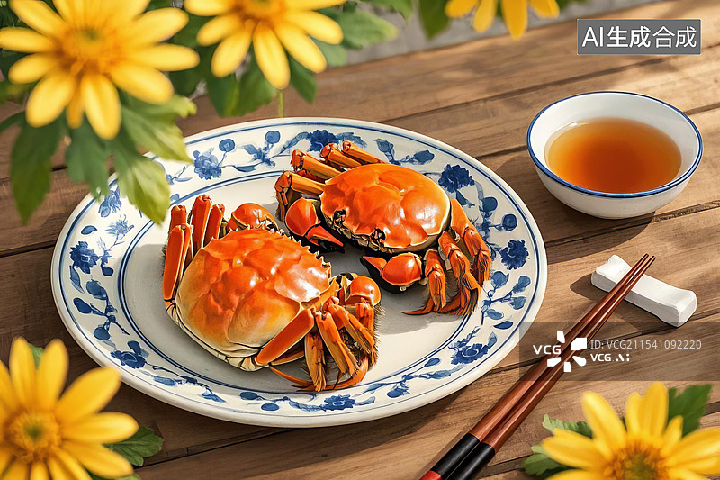 【AI数字艺术】大闸蟹和菊花，中秋节主题插画图片素材