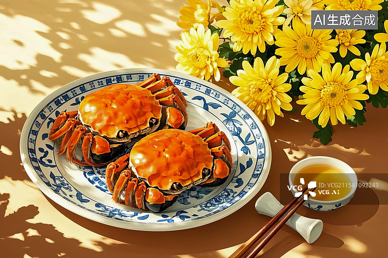 【AI数字艺术】大闸蟹和菊花，中秋节主题插画图片素材