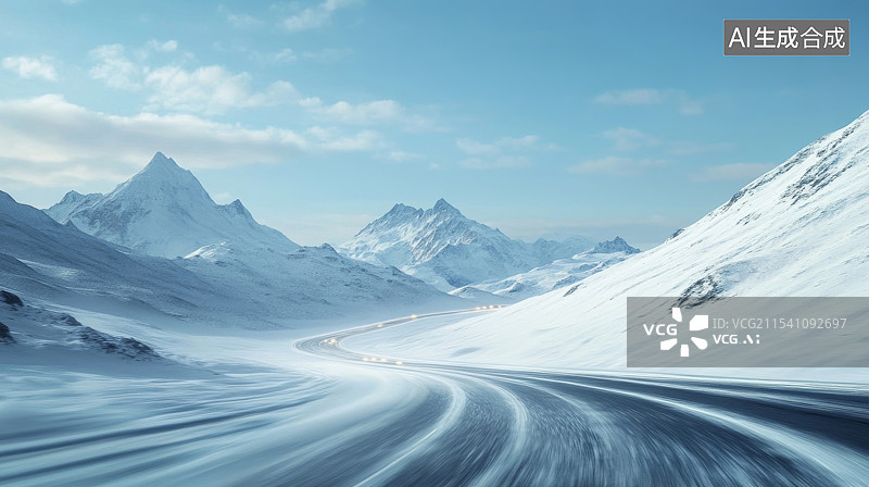 【AI数字艺术】雪天的山区公路车流图片素材