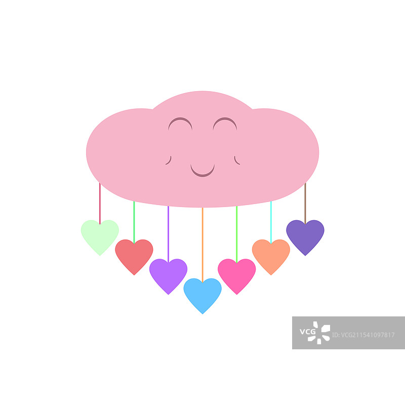 卡通粉色云朵与五彩斑斓的心形雨滴图片素材