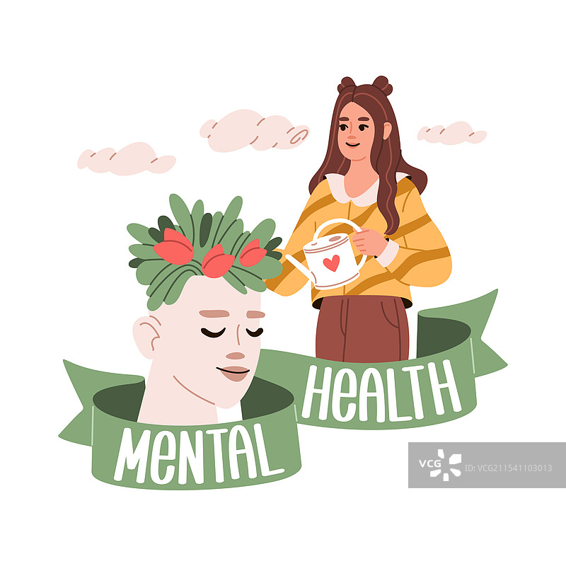 心理健康日，年轻女性正在浇灌花朵图片素材
