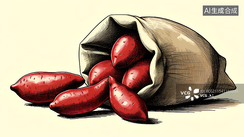 【AI数字艺术】手绘插画，一袋新鲜红薯，地瓜，蔬菜，食材，丰收，线条，线稿插画图片素材