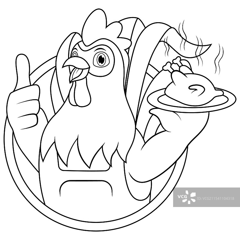 卡通厨师鸡抱着烤鸡的线条图图片素材
