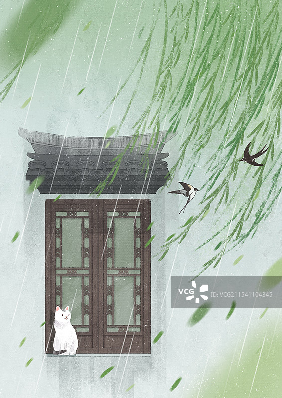 节气插画清明柳树燕子猫清明谷雨雨水图片素材