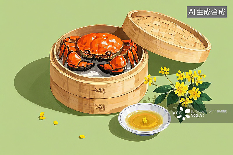 【AI数字艺术】蒸屉一只蒸熟的大闸蟹，一碟米醋，一枝桂花。中秋节主题插画图片素材