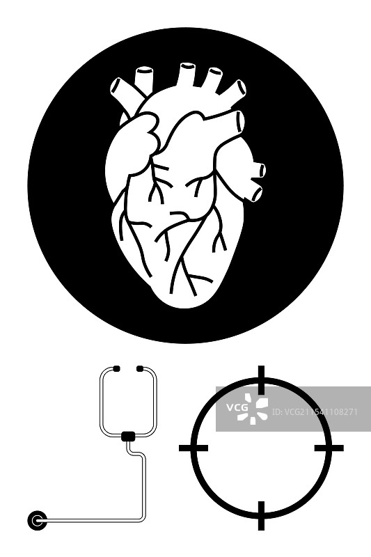 解剖学心脏、听诊器和靶子符号图片素材