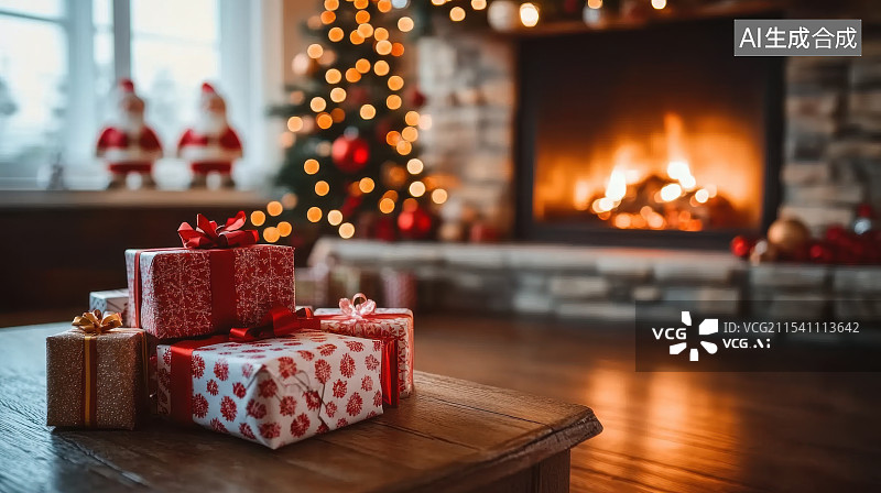 【AI数字艺术】温暖的圣诞节装饰雪景灯光背景图片素材