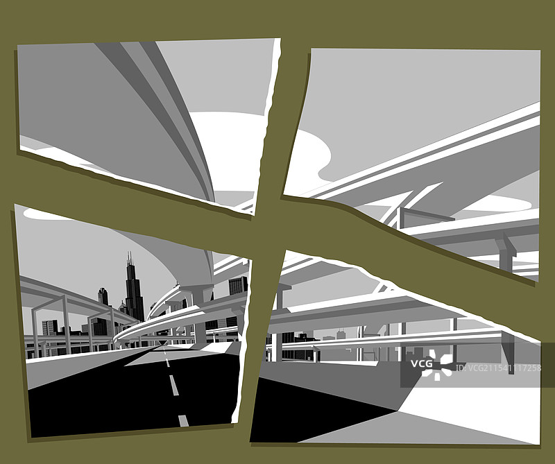 撕裂的纸卡上有高速公路立交桥的图像图片素材