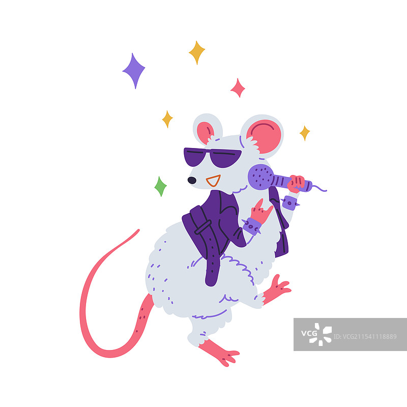 卡通摇滚明星老鼠对着麦克风唱歌图片素材
