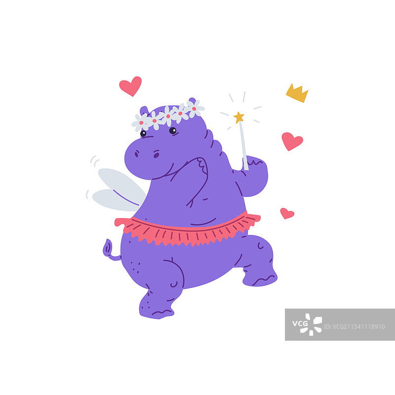 可爱的有翅膀的小河马女孩和魔法棒图片素材