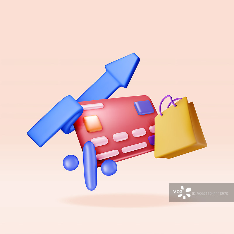 带有百分比箭头和购物袋的3D银行卡图片素材