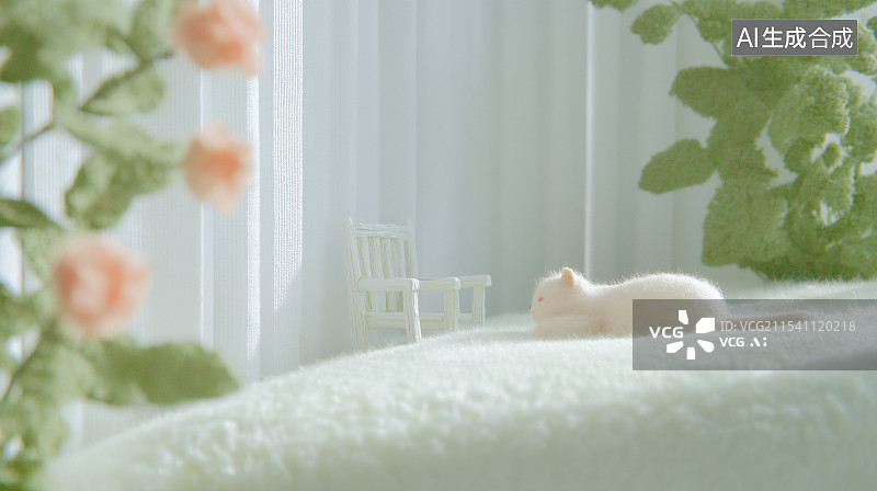 【AI数字艺术】用毛毡打造的春日图景，房屋、云朵、绿树相映，萌趣又温馨，满是田园童话风，尽显手工创意。图片素材