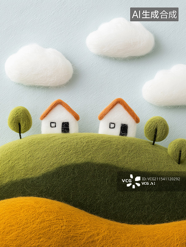 【AI数字艺术】用毛毡打造的春日图景，房屋、云朵、绿树相映，萌趣又温馨，满是田园童话风，尽显手工创意。图片素材