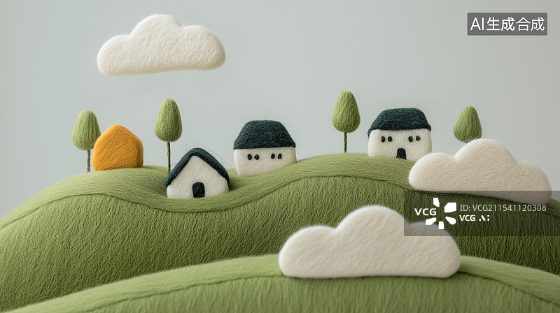 【AI数字艺术】用毛毡打造的春日图景，房屋、云朵、绿树相映，萌趣又温馨，满是田园童话风，尽显手工创意。图片素材