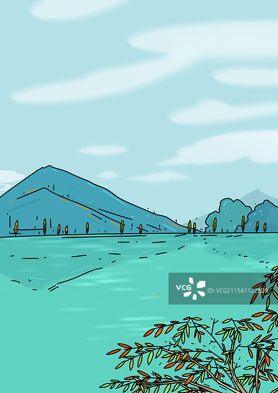 秋天，湖泊，水域，芦苇，水源，文艺清新治愈系风景背景节气插画图片素材