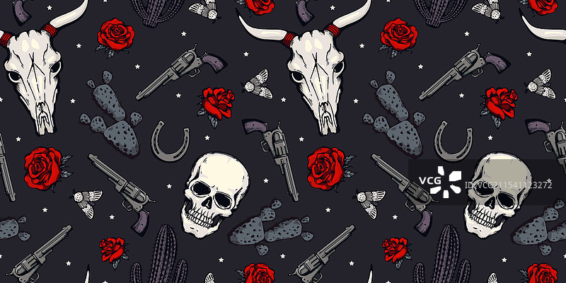 无缝图案，包含人类和牛头骨图片素材