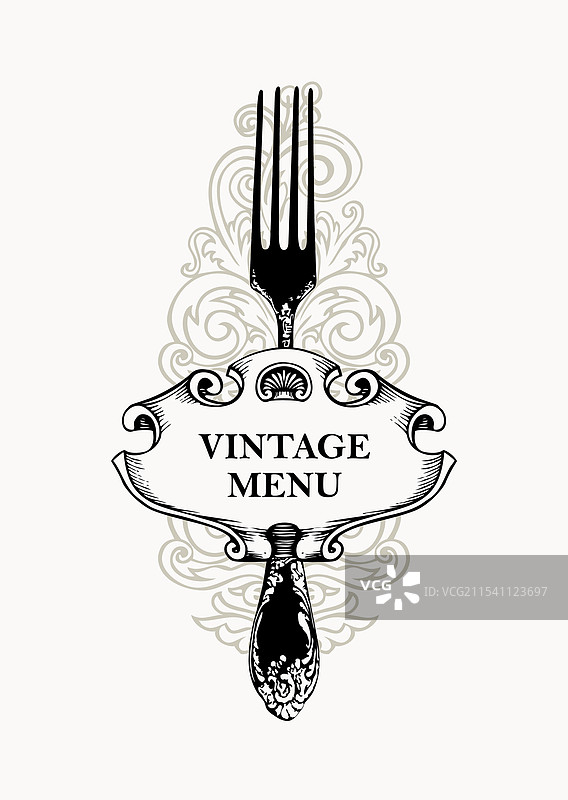 带有复古卷曲装饰的餐厅菜单和叉子图片素材