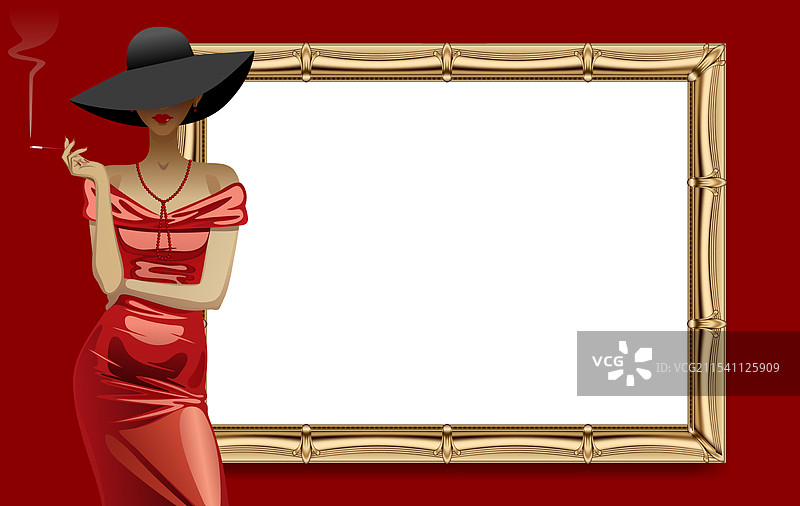 穿着闪亮晚礼服的女人站在金色框架旁边图片素材