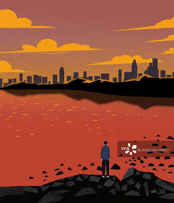 城市都市情感感情生活方式独处孤独单身一个人惆怅心情情绪阳台阁楼眺望远方失落风景资讯插画图片素材