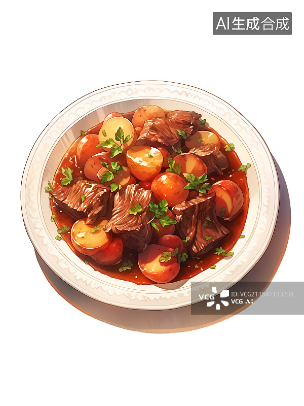 【AI数字艺术】新鲜的红烧牛肉猪肉炖牛腩蔬菜肉块，牛肉块土豆块小番茄香菜 年夜饭团圆饭聚餐家常菜外卖美食菜单插画图片素材