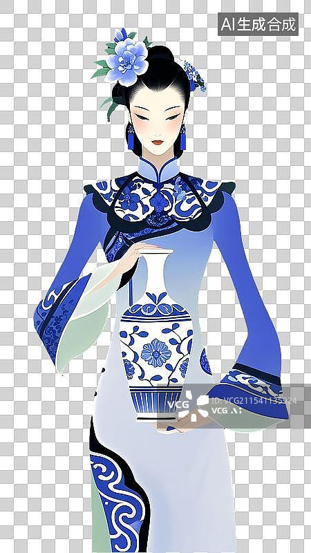 【AI数字艺术】拿着青花瓷花瓶的美丽女人插画图片素材