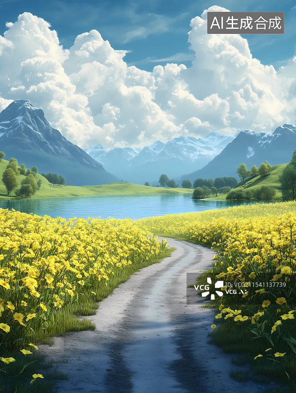 【AI数字艺术】黄色鲜花间通往湖边的小路图片素材